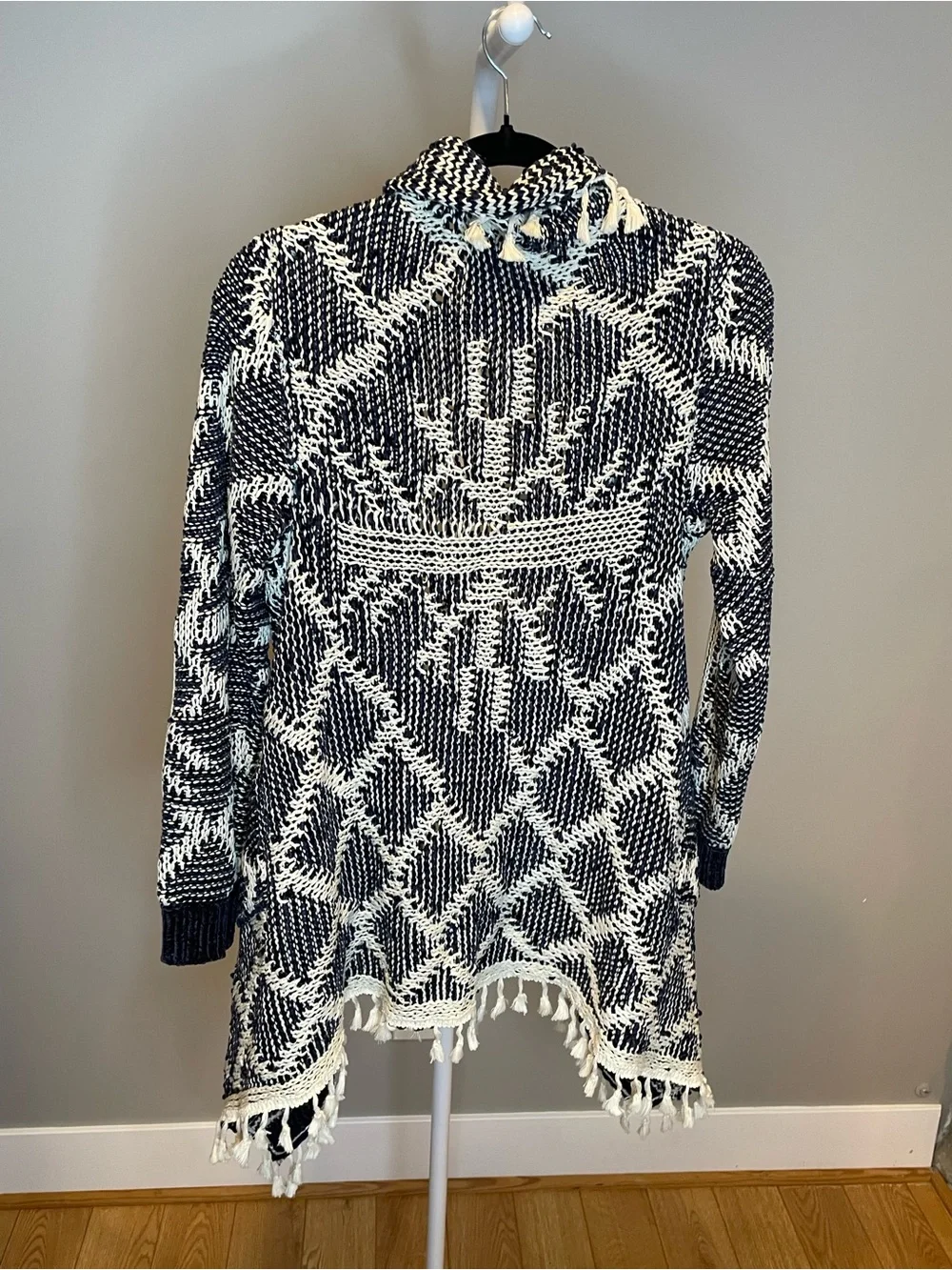 VICI Black and White Knit Open-Front Cardigan with Tassel Hem